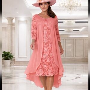 TS Cauture Watermelon Wide Neck Flowy Lace 3/4 Sleeve High Low Dress Siz…